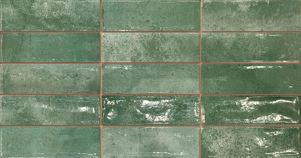 Revestimiento cerámico rectangular verde brillo con texturas y juntas marrones