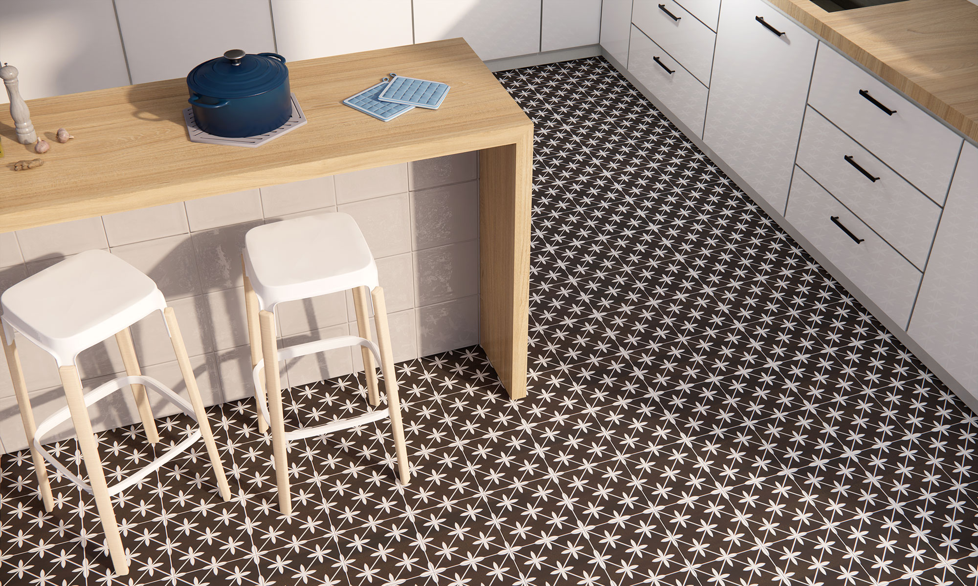 Star_GL_Amb_Black_45x45_02_1121 Cocina tienda: barra madera, taburetes, suelo cerámico negro con estrellas blancas