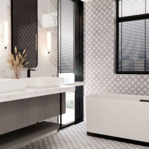 Star_GL_Amb_Grey_45x45_03_1121 Baño de exposición con bañera independiente, doble lavabo y azulejos marmolados y geométricos.