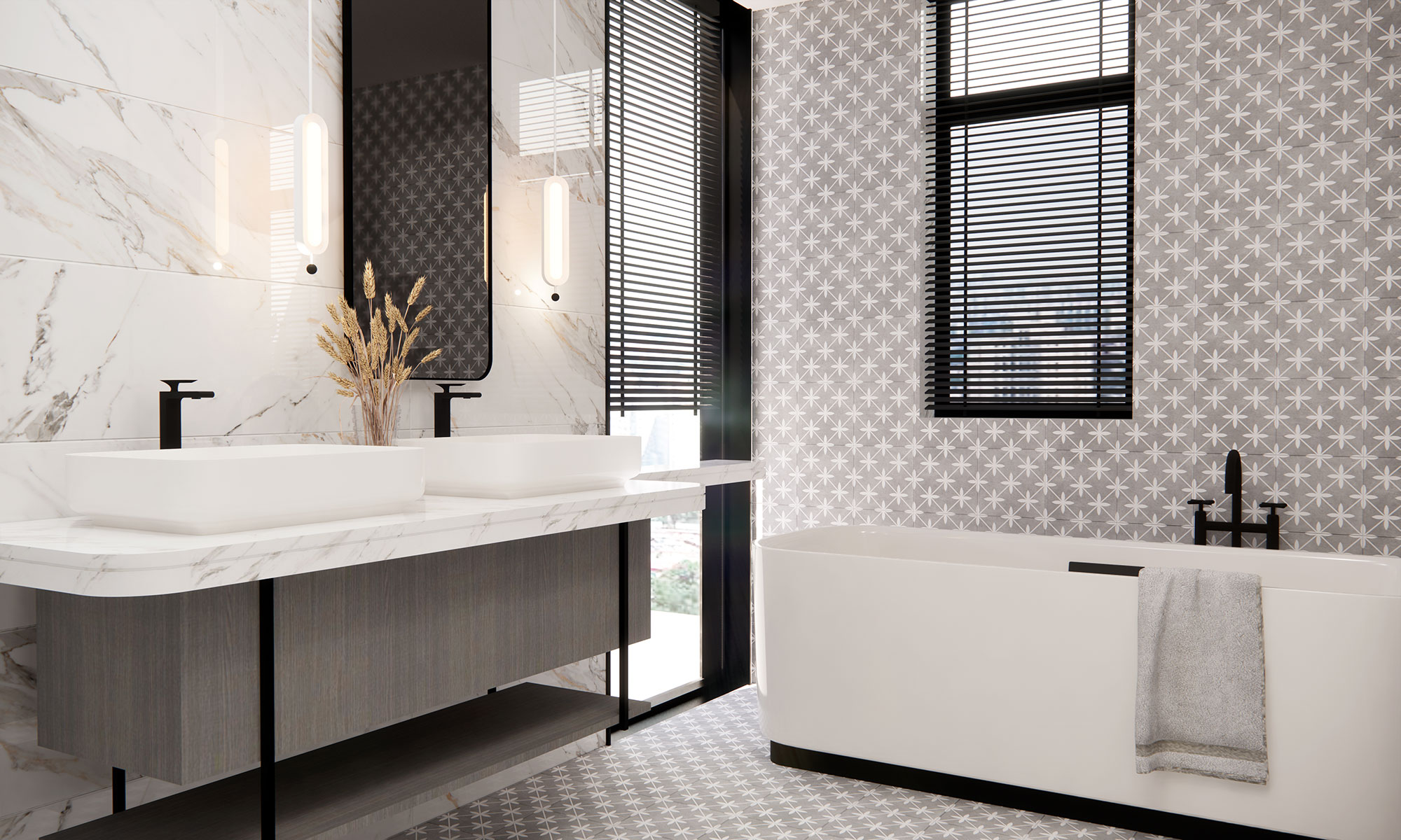 Star_GL_Amb_Grey_45x45_03_1121 Baño de exposición con bañera independiente, doble lavabo y azulejos marmolados y geométricos.