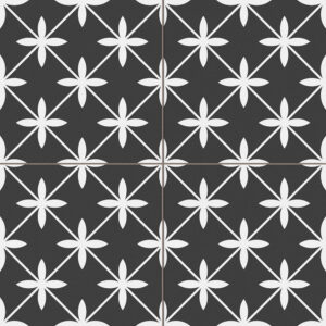 Star_GL_Black_45x45_1121_001 Azulejo cerámico negro con flores blancas estilizadas formando patrón geométrico