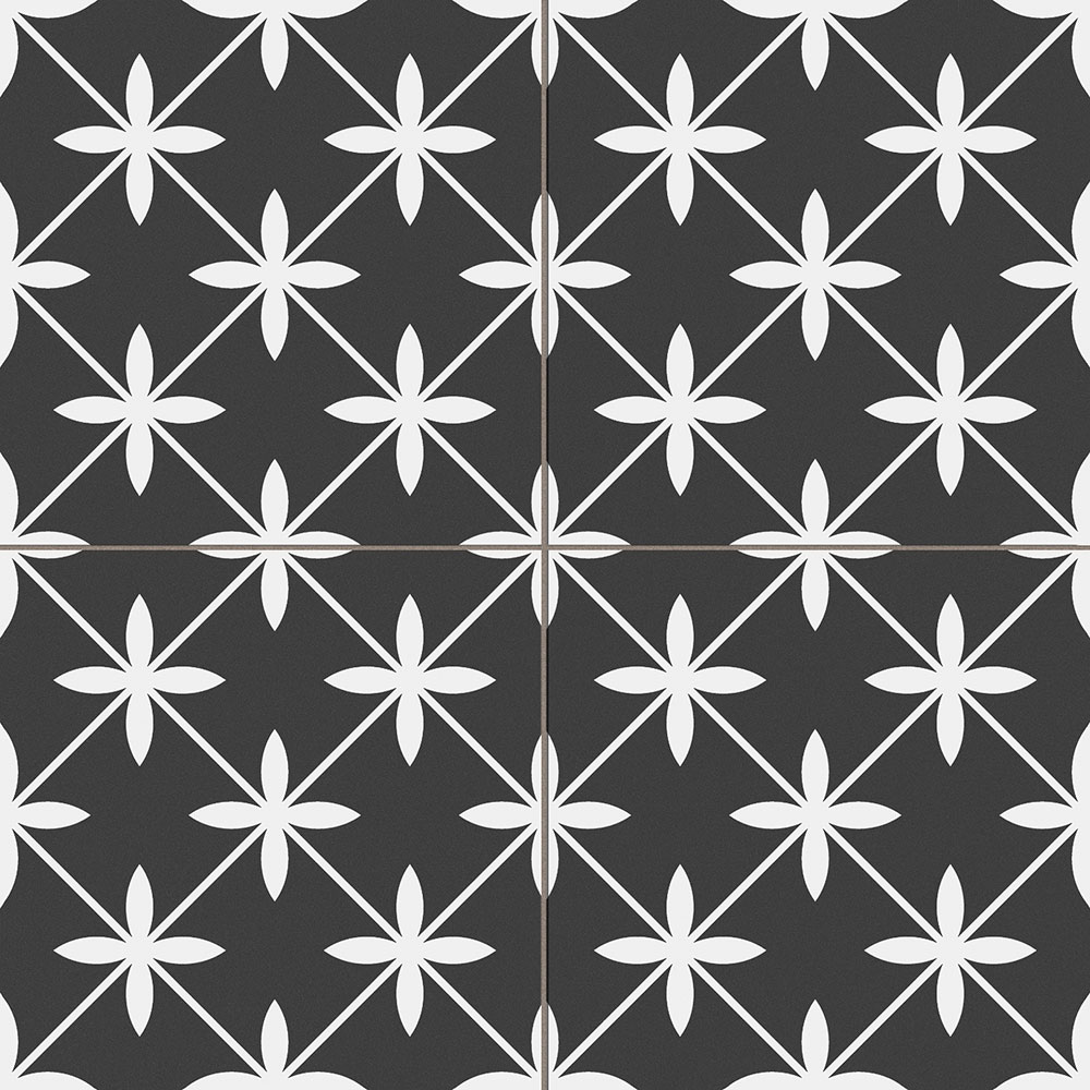 Star_GL_Black_45x45_1121_001 Azulejo cerámico negro con flores blancas estilizadas formando patrón geométrico