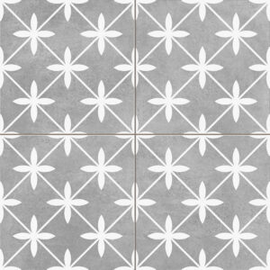 Star_GL_Grey_45x45_1121_001 Azulejos grises con motivo floral blanco en patrón de rombos