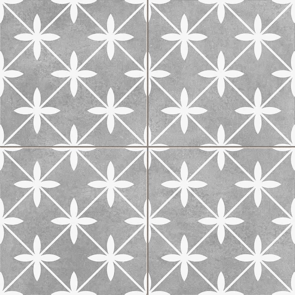 Star_GL_Grey_45x45_1121_001 Azulejos grises con motivo floral blanco en patrón de rombos