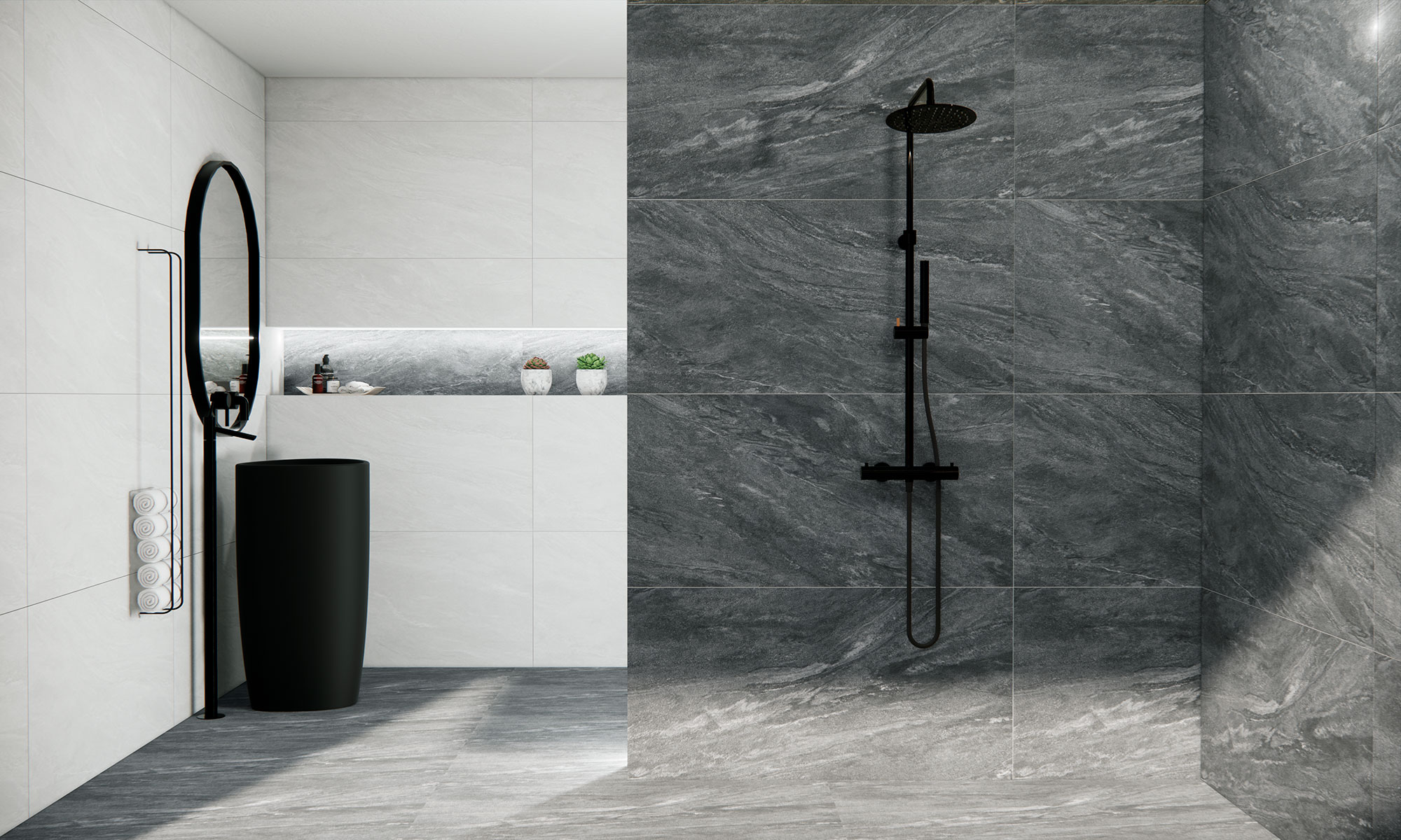 Baño expositivo con ducha negra y azulejos cerámicos gris y blanco