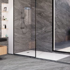 Baño moderno con pavimento y revestimiento cerámico gris efecto piedra y plato de ducha blanco