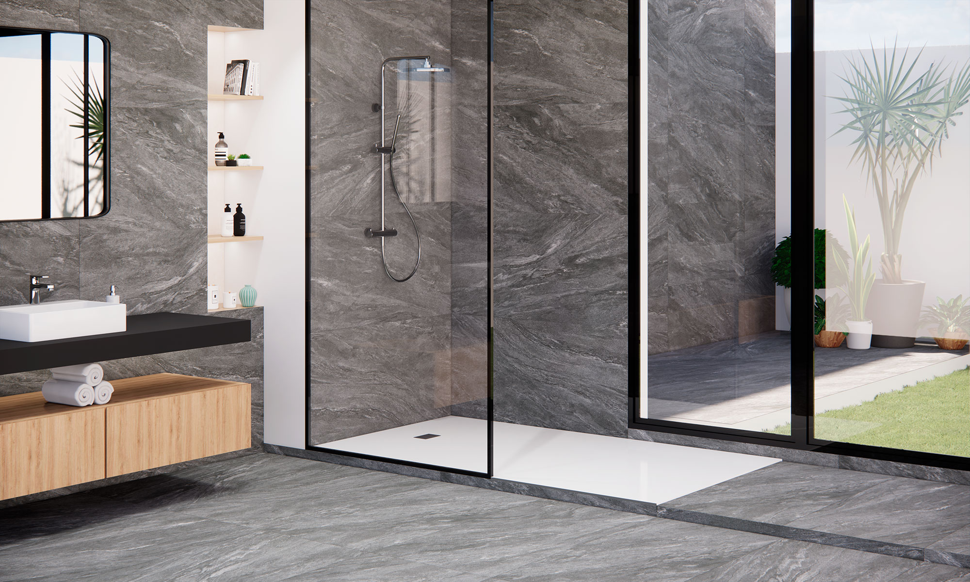 Baño moderno con pavimento y revestimiento cerámico gris efecto piedra y plato de ducha blanco