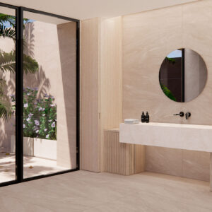 Exposición de baño con pavimento y revestimiento cerámico beige, lavabo flotante y patio