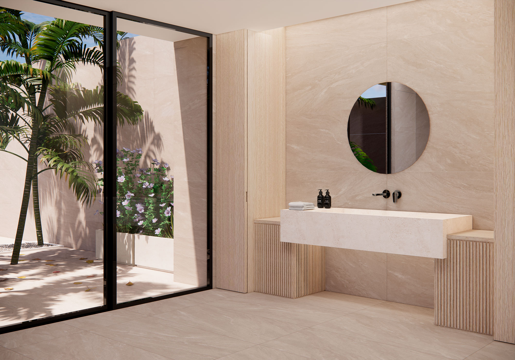 Exposición de baño con pavimento y revestimiento cerámico beige, lavabo flotante y patio