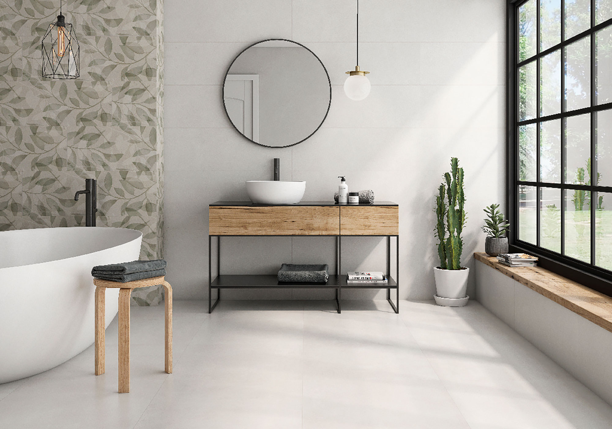 Baño con bañera y revestimientos cerámicos: mueble lavabo de madera, azulejo vegetal y ventana