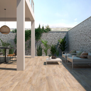 Patio moderno con pavimento cerámico efecto madera y revestimiento de piedra, zona lounge y comedor