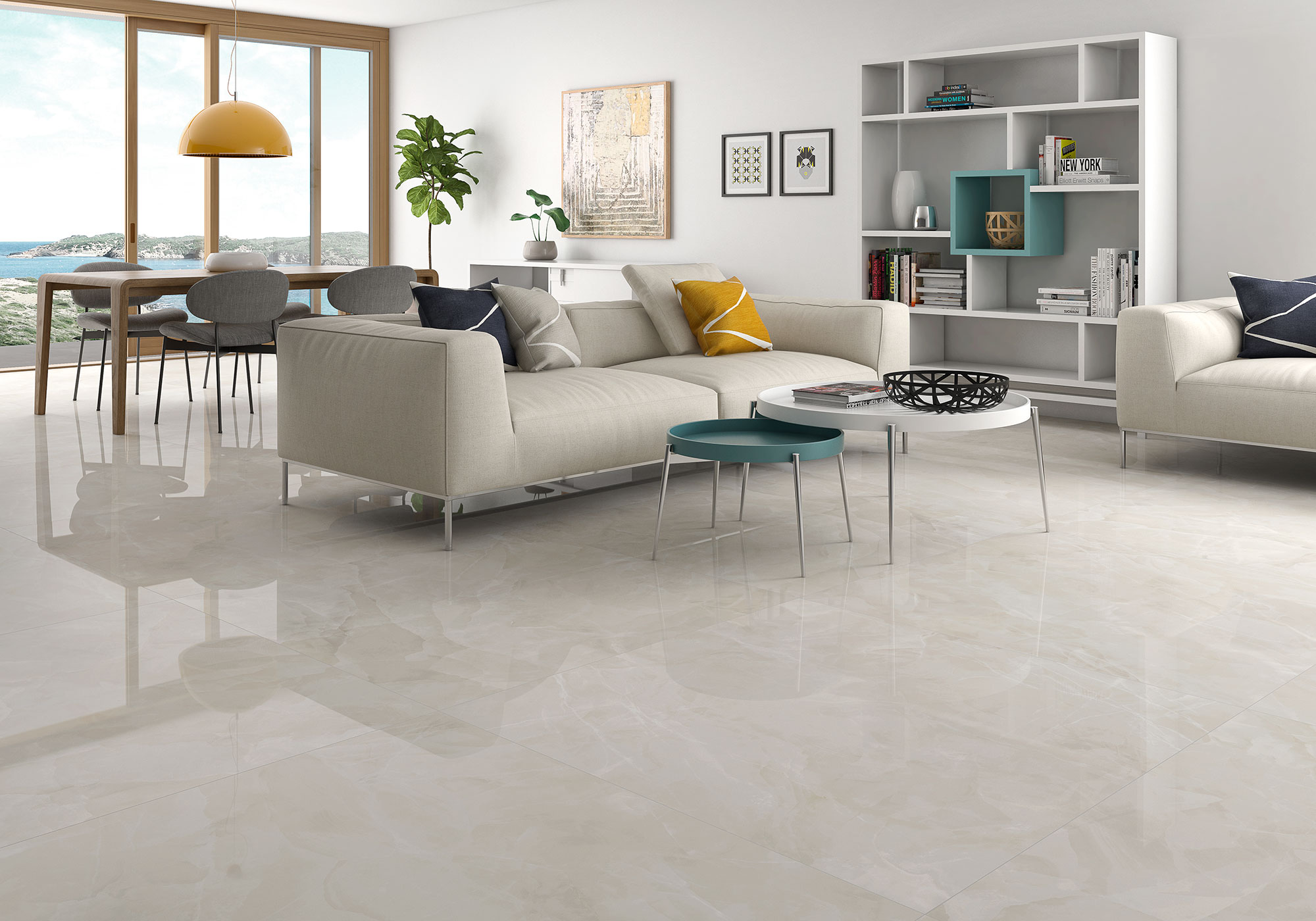 Salón contemporáneo con suelo cerámico pulido efecto mármol y sofá claro