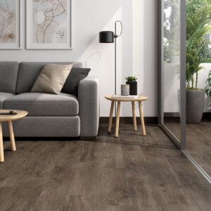 amb-02-galia-wengue-20x75 Salón moderno, sofá gris, pavimento cerámico efecto madera oscuro y terraza con plantas