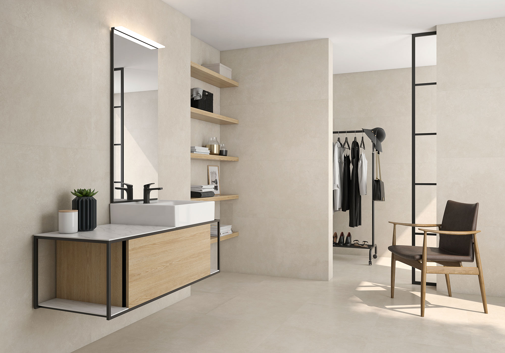 Baño minimalista con pavimento y revestimiento cerámico beige, lavabo flotante y estanterías