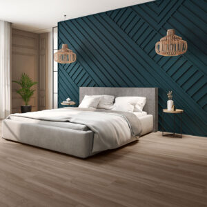 Dormitorio moderno con pavimento cerámico efecto madera y revestimiento geométrico azul