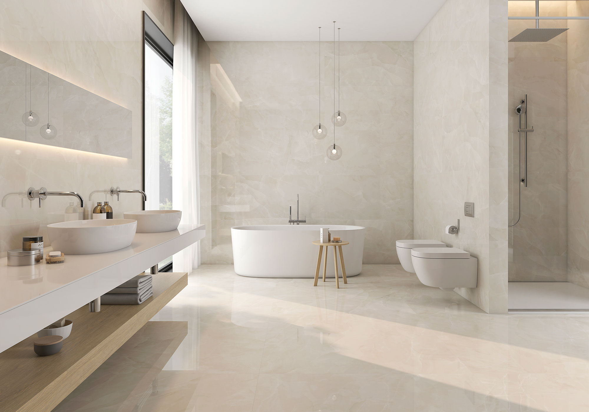 Baño moderno en showroom con azulejos crema pulidos, bañera exenta y lavabo doble.