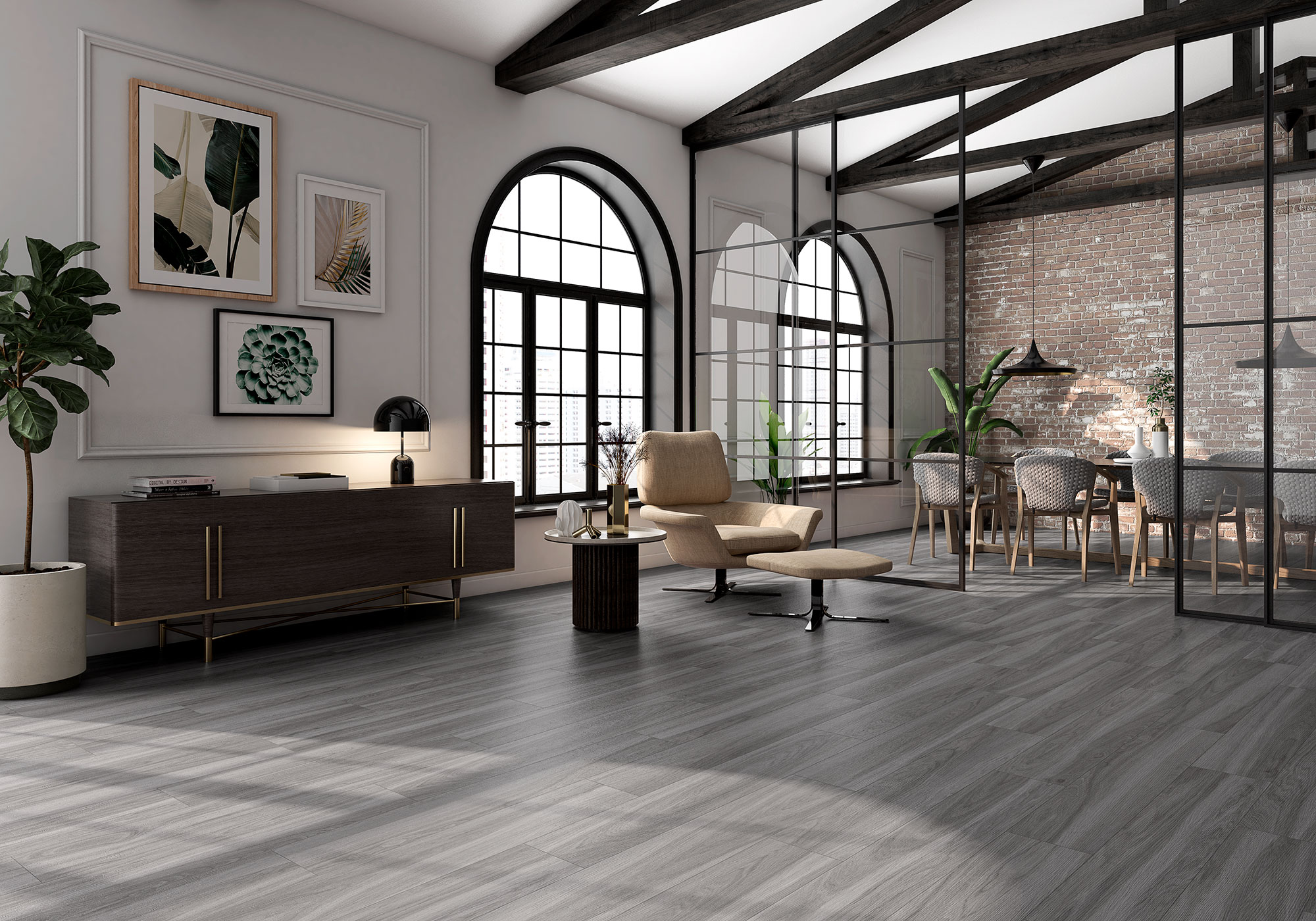Showroom con pavimento cerámico gris efecto madera, ventanales arqueados y zona lounge