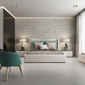 Dormitorio moderno con pavimento cerámico gris y pared revestida en madera clara