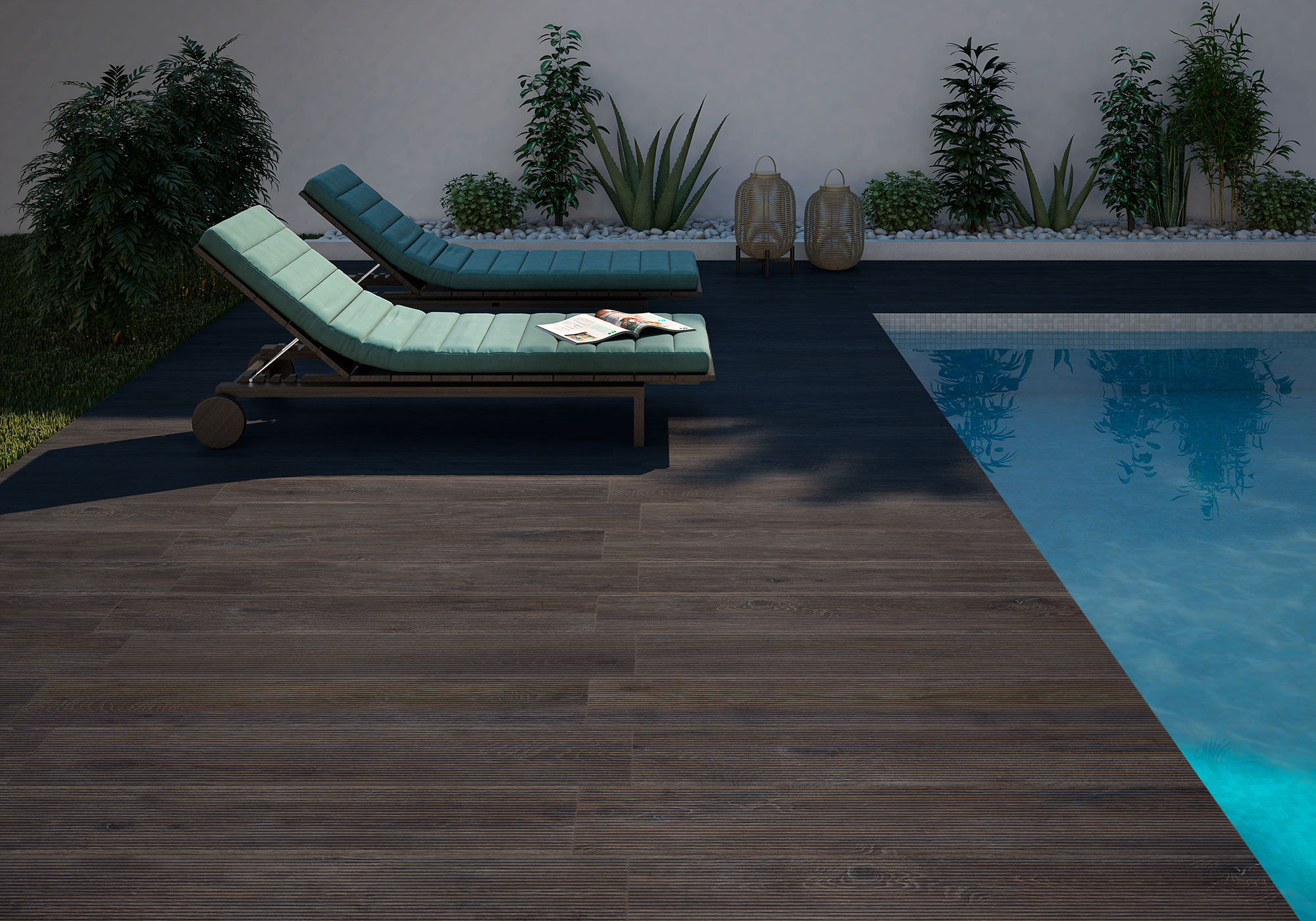 Terraza con pavimento cerámico tipo madera junto a piscina y tumbonas turquesa