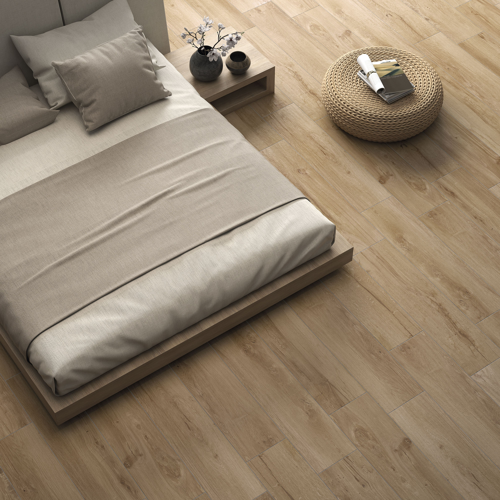 Dormitorio minimalista con pavimento cerámico efecto madera y cama baja