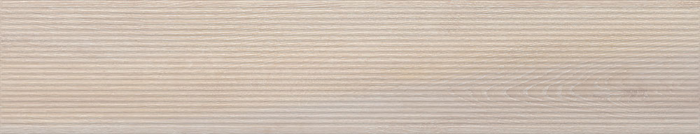 Revestimiento cerámico beige con textura acanalada horizontal, acabado madera