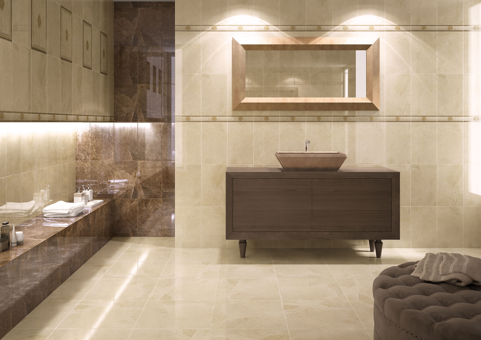 0859_ALAPLANA_chelsea-OK Baño con pavimento y revestimiento crema, franja y banco de mármol oscuro y mueble lavabo