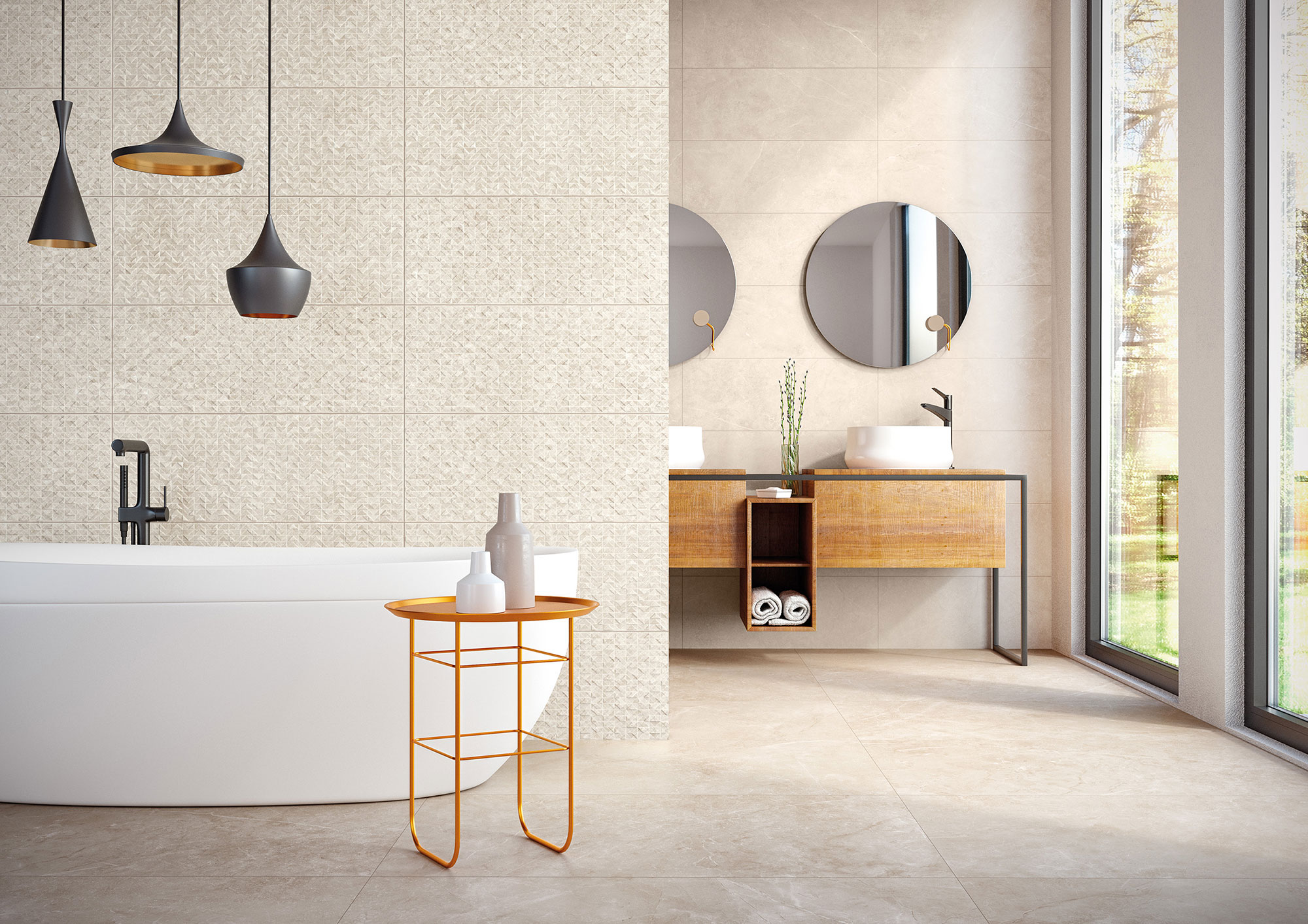 Baño exposición con azulejos texturizados, bañera exenta, mueble madera y suelo cerámico beige