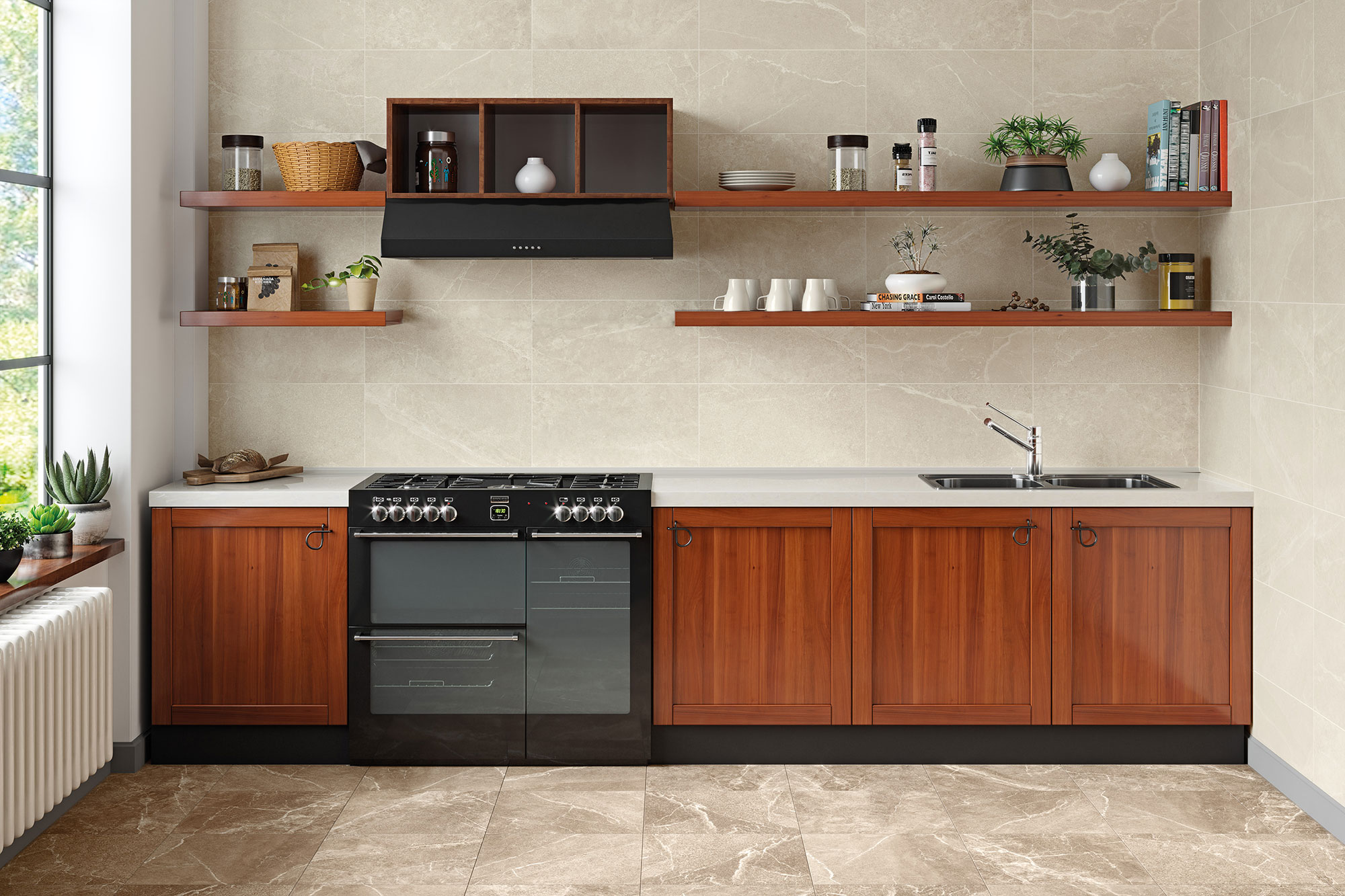 Cocina con azulejos de pared beige y suelo cerámico marmoleado, muebles de madera.