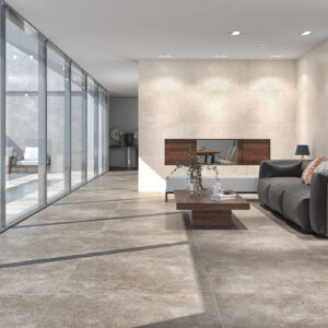 3063_ALAPLANA_RODAS_RGB Sala moderna con grandes pavimentos y revestimientos cerámicos, ventanal y sofá