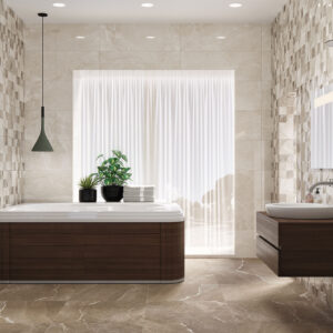 Baño exposición con pavimento y revestimiento cerámico beige, mosaico, bañera con frontal de madera.