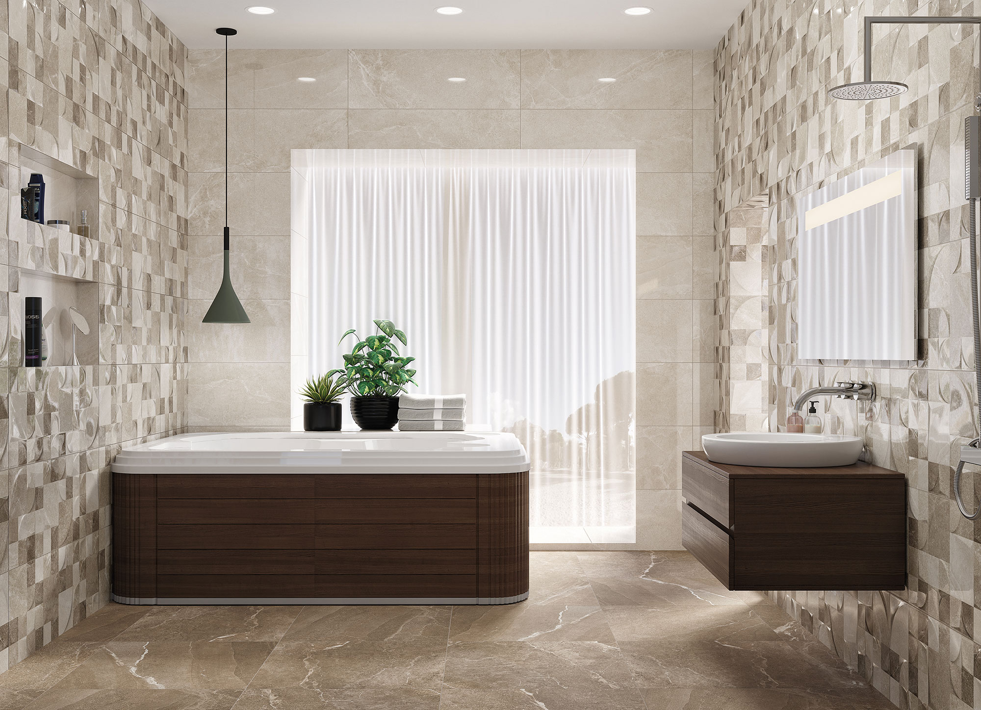 Baño exposición con pavimento y revestimiento cerámico beige, mosaico, bañera con frontal de madera.