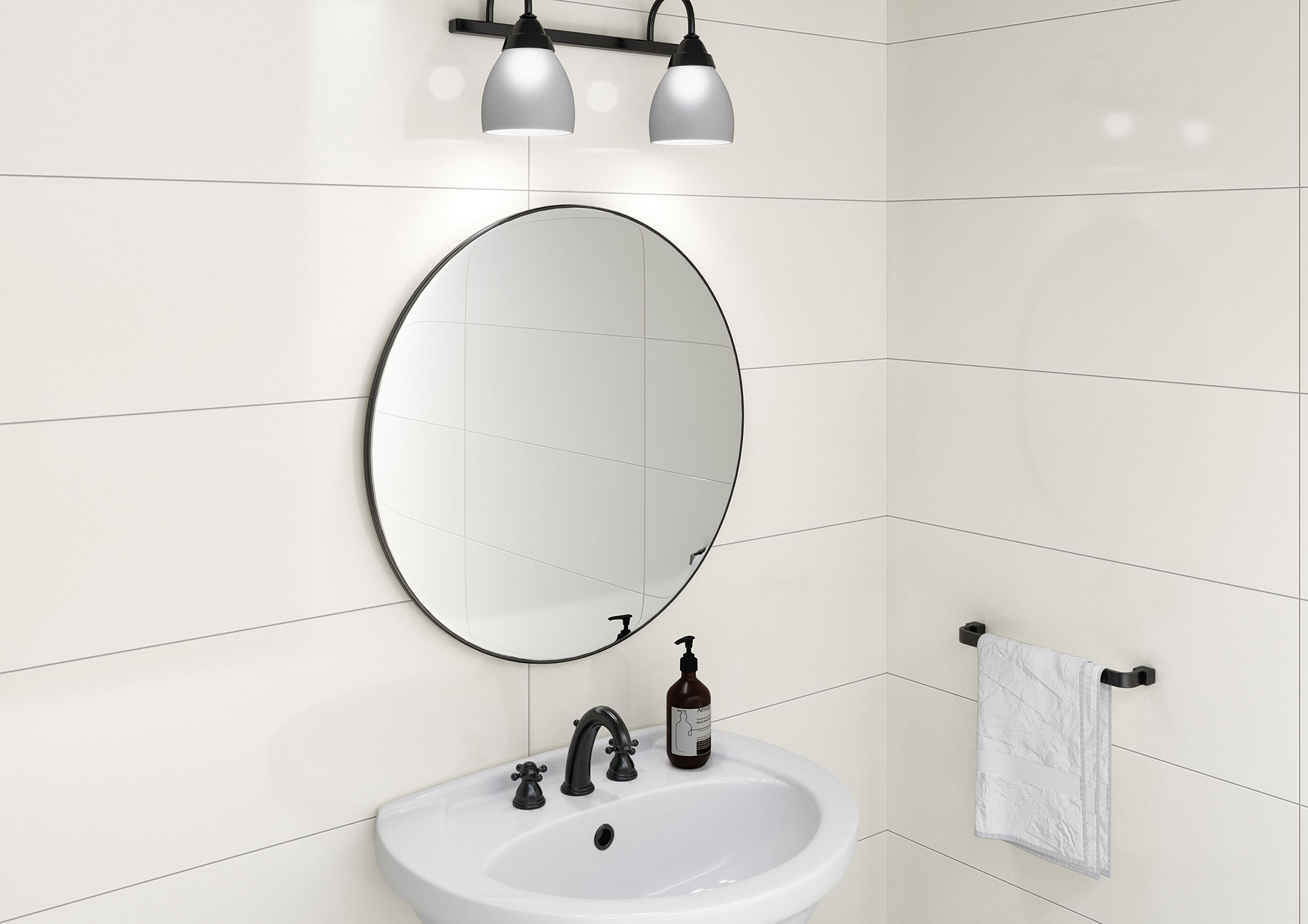 Baño con azulejos blancos, espejo redondo, lavabo y grifería negra