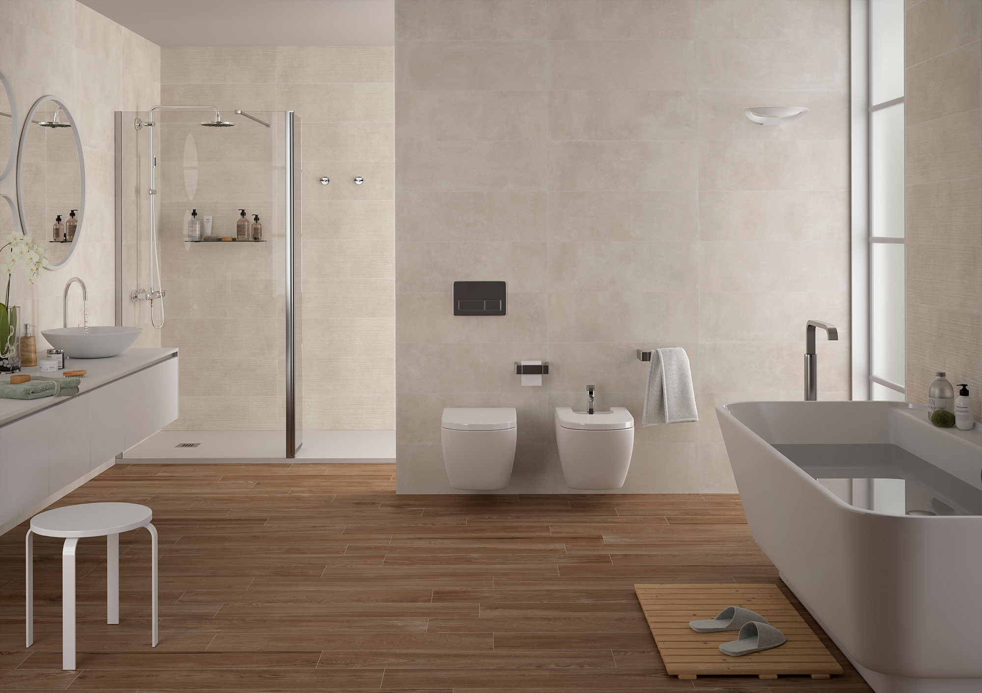 Baño moderno con pavimento efecto madera, revestimiento cerámico beige, bañera y ducha.
