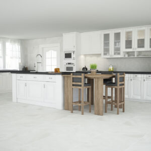 ALAPLANA ABERDEEN RGB Cocina blanca con isla, suelo y paredes revestidos en cerámica gris claro, mesa alta de madera