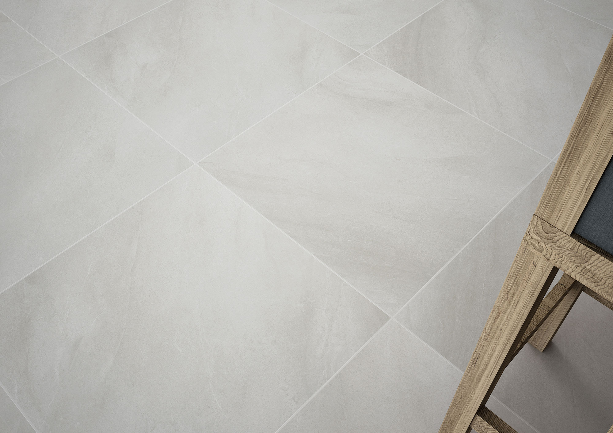 ALAPLANA ABERDEEN detalle RGB Suelo cerámico gris claro en baldosas cuadradas con juntas finas y pata de taburete de madera