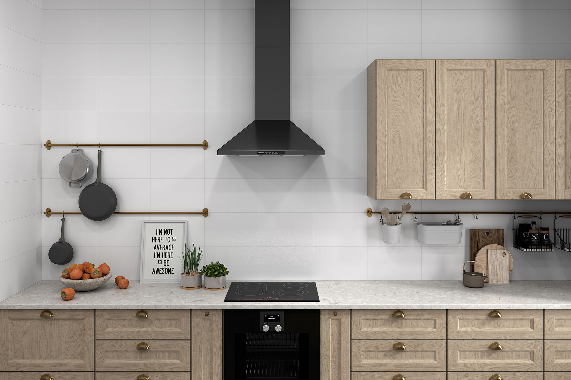 Cocina con revestimiento cerámico blanco, campana negra, muebles de madera y encimera