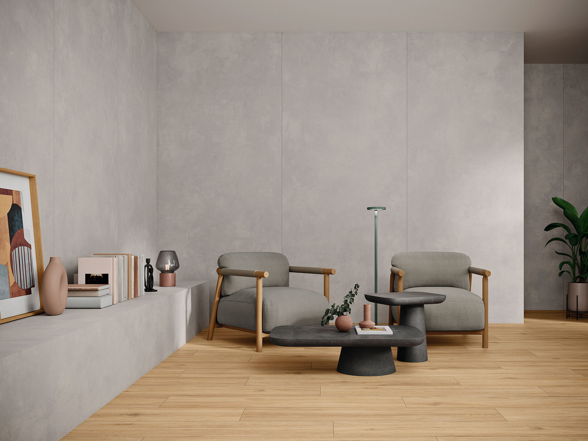 AMB-BALANCE-GREY-120X280-VIELHA-HAYA-23X120 Tienda con paneles cerámicos gris claro y pavimento efecto madera, zona de descanso minimalista
