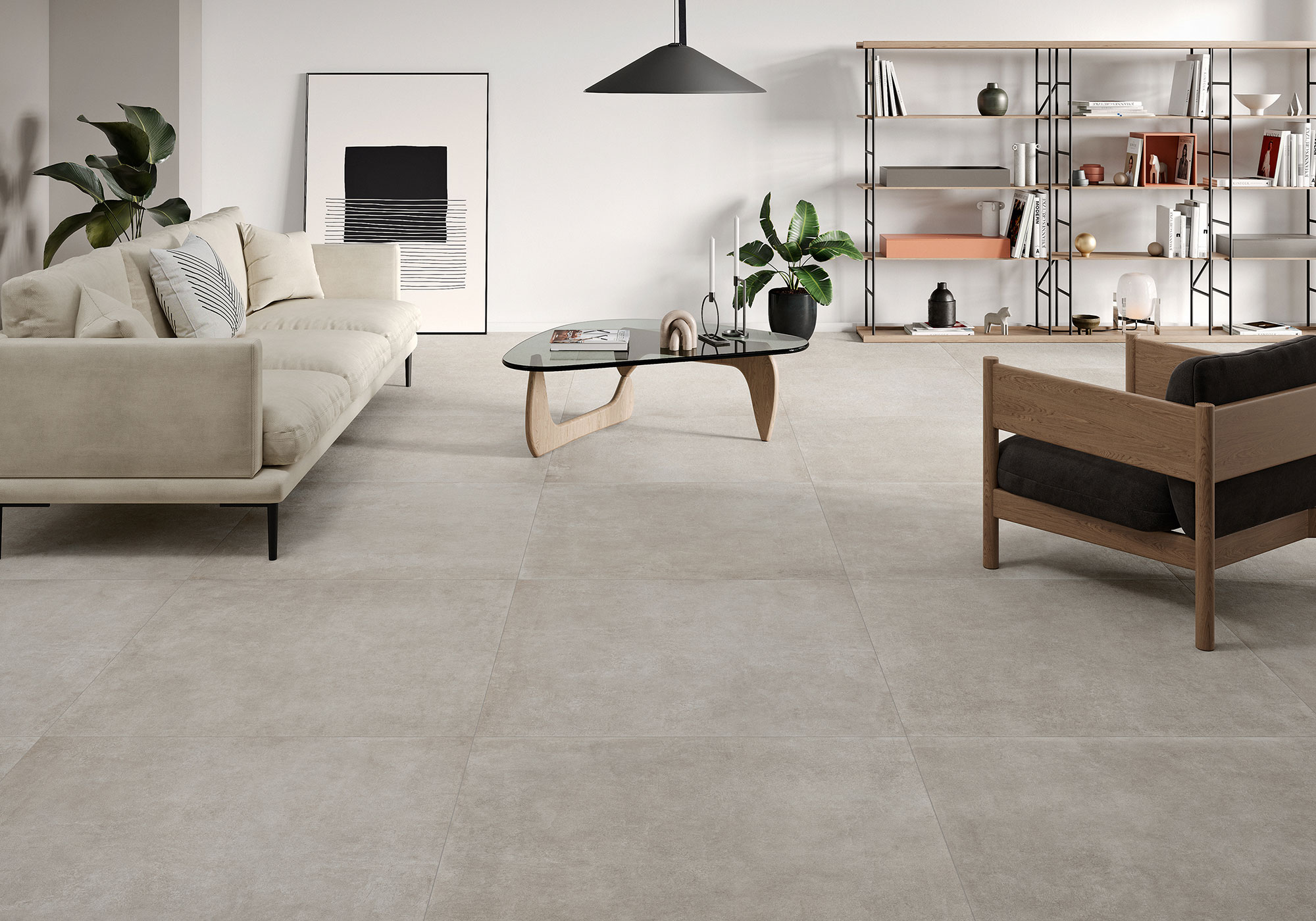 AMB-BONN-GREY-100X100-MATE Sala moderna con pavimento cerámico gran formato beige y mobiliario minimalista