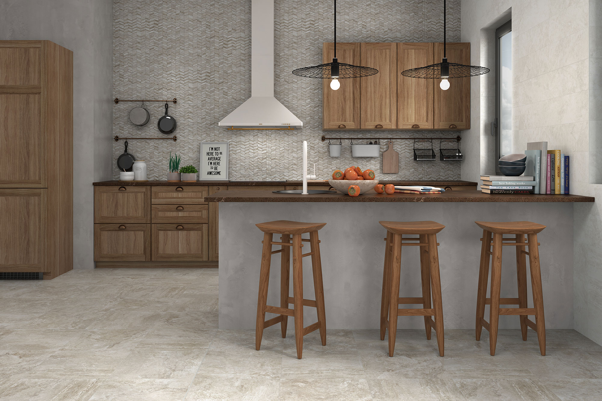 Cocina de exposición con encimera, taburetes madera, salpicadero espiga y suelo cerámico.