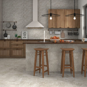 Showroom de azulejos: cocina con pavimento cerámico, frontal texturizado y tres taburetes