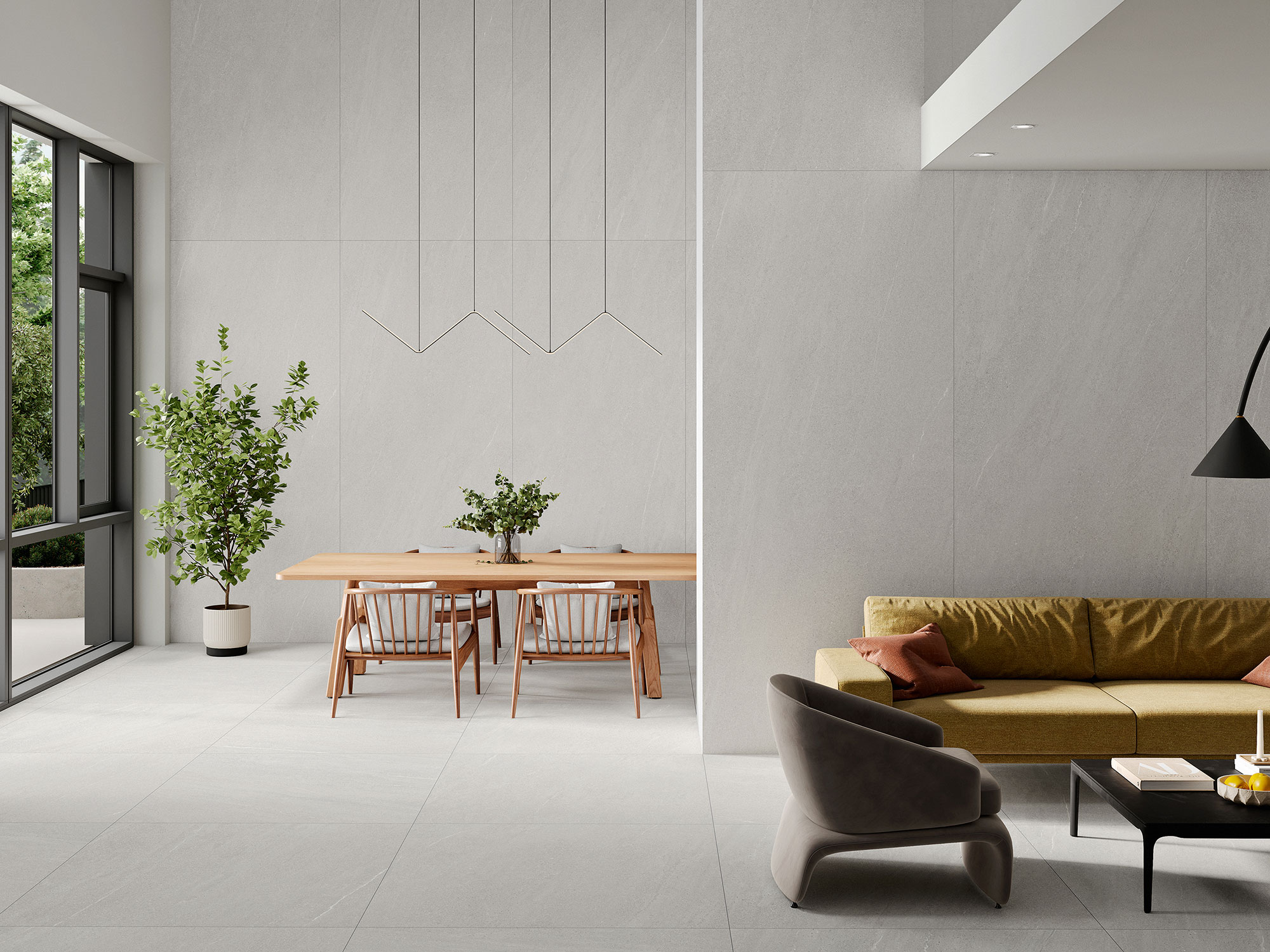 AMB-HALTON-WHITE_-120X280_WHITE-120X120 Salón comedor minimalista con grandes losas cerámicas gris claro en suelos y paredes.