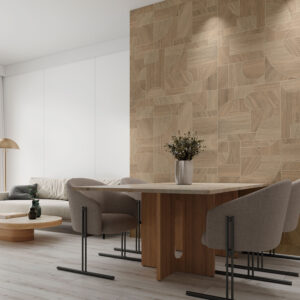 Sala comedor minimalista con pavimento claro y revestimiento cerámico mural geométrico