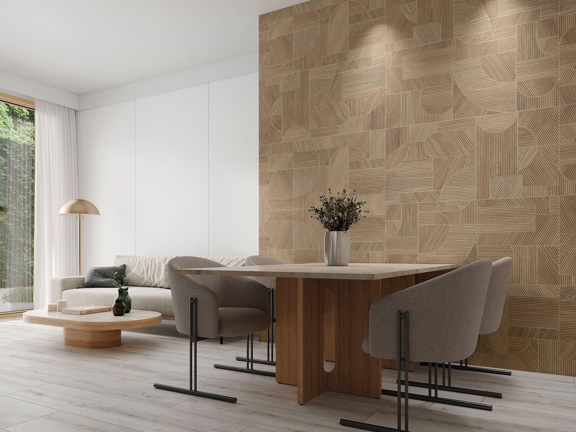 Sala comedor minimalista con pavimento claro y revestimiento cerámico mural geométrico