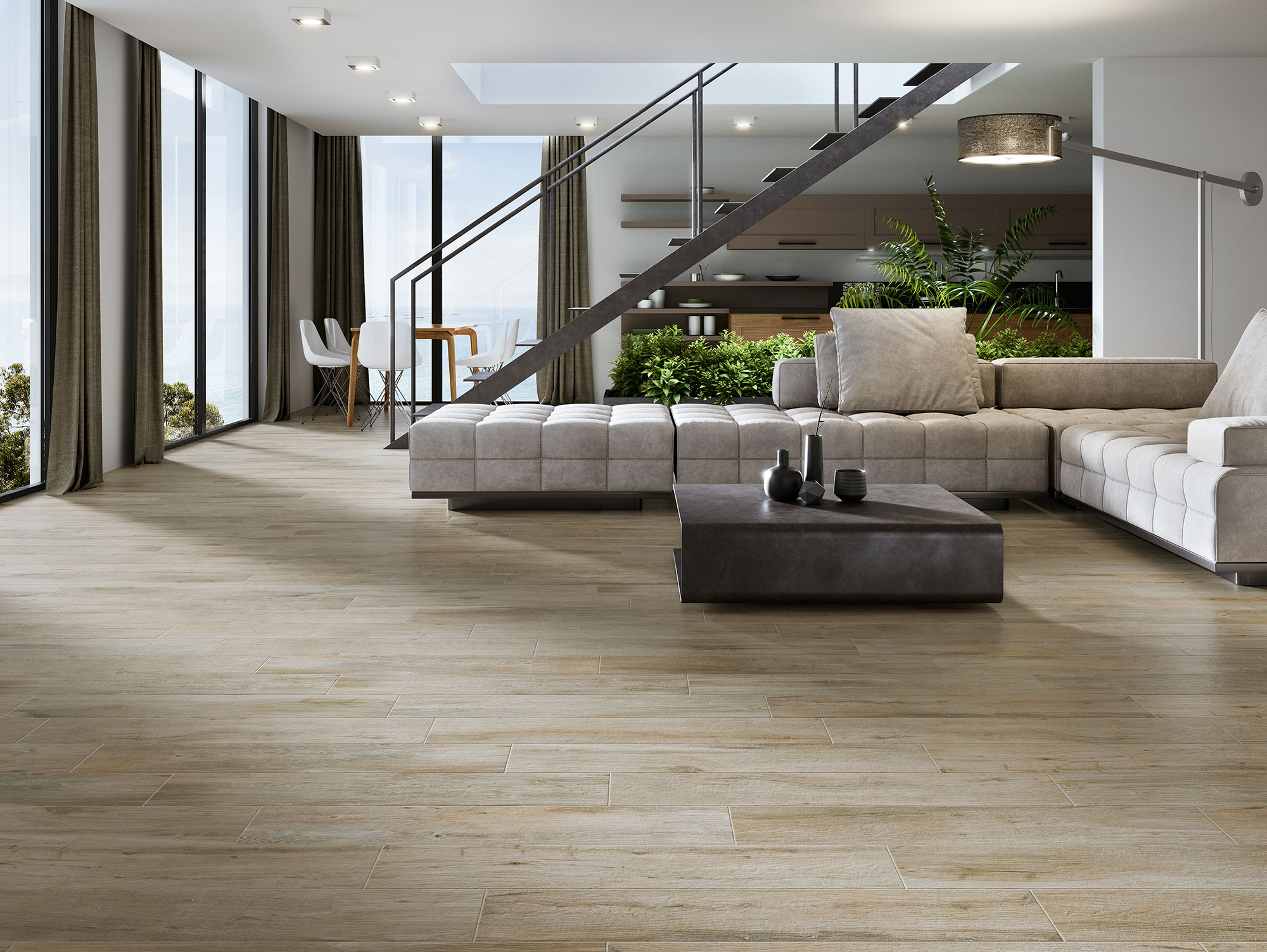 AMB-OAKLAND-ANTIC-RGB Sala moderna con sofá en L, escalera metálica y suelo cerámico efecto madera