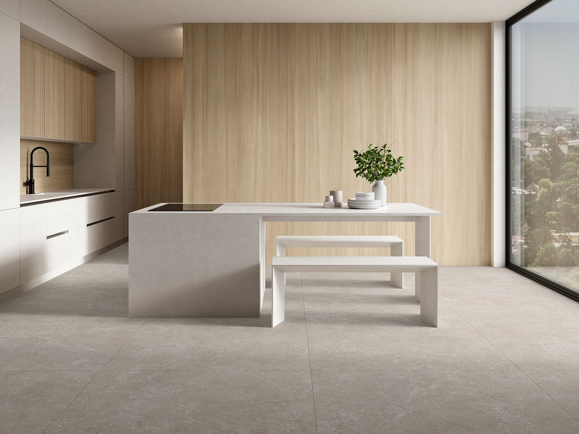 Tienda de azulejos con pavimento cerámico gris, isla blanca, paneles de madera y ventanal