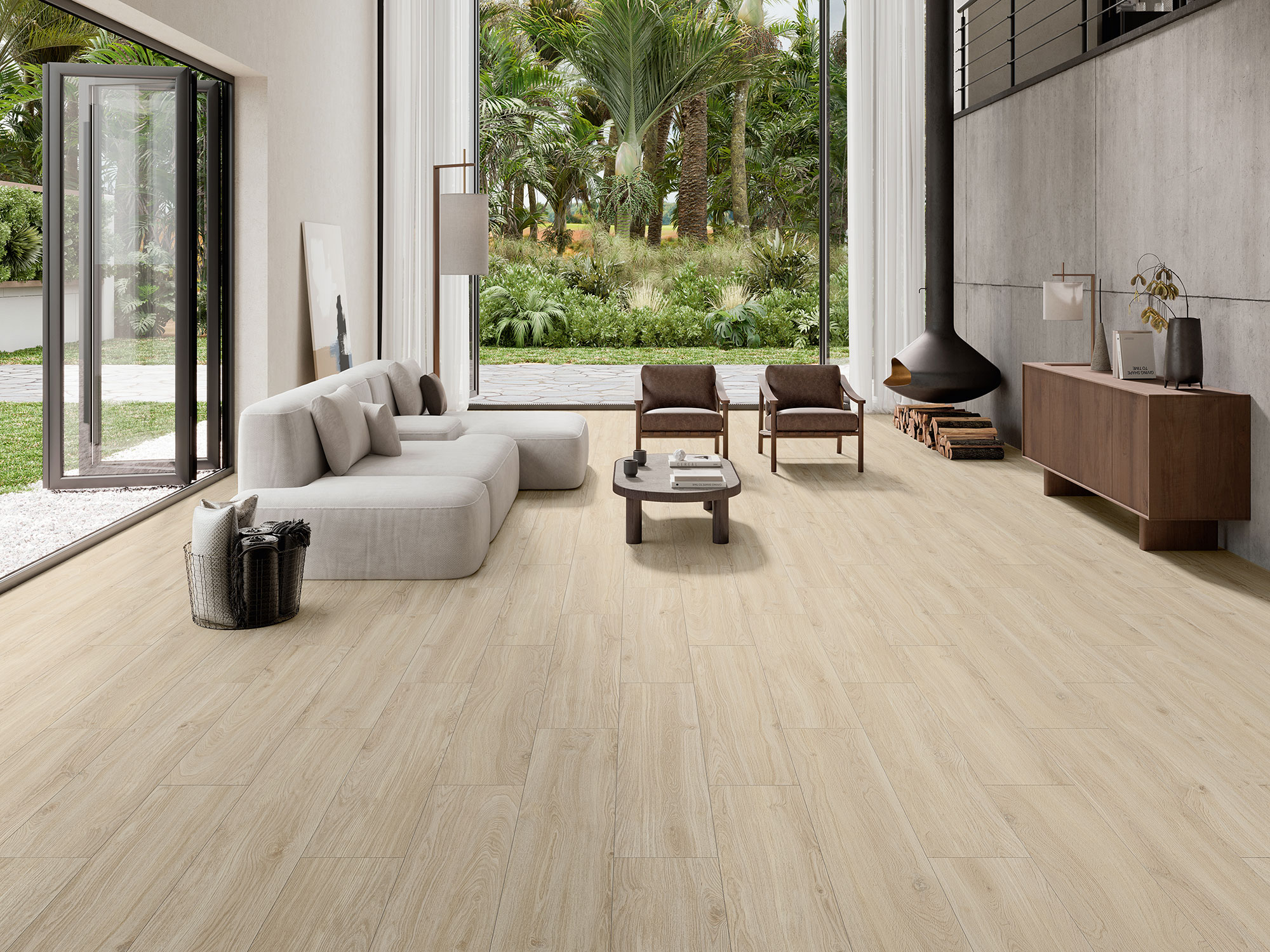 AMB-QUEBEC-HAYA-30X150 Salón con pavimento cerámico efecto madera, grandes ventanales y chimenea suspendida