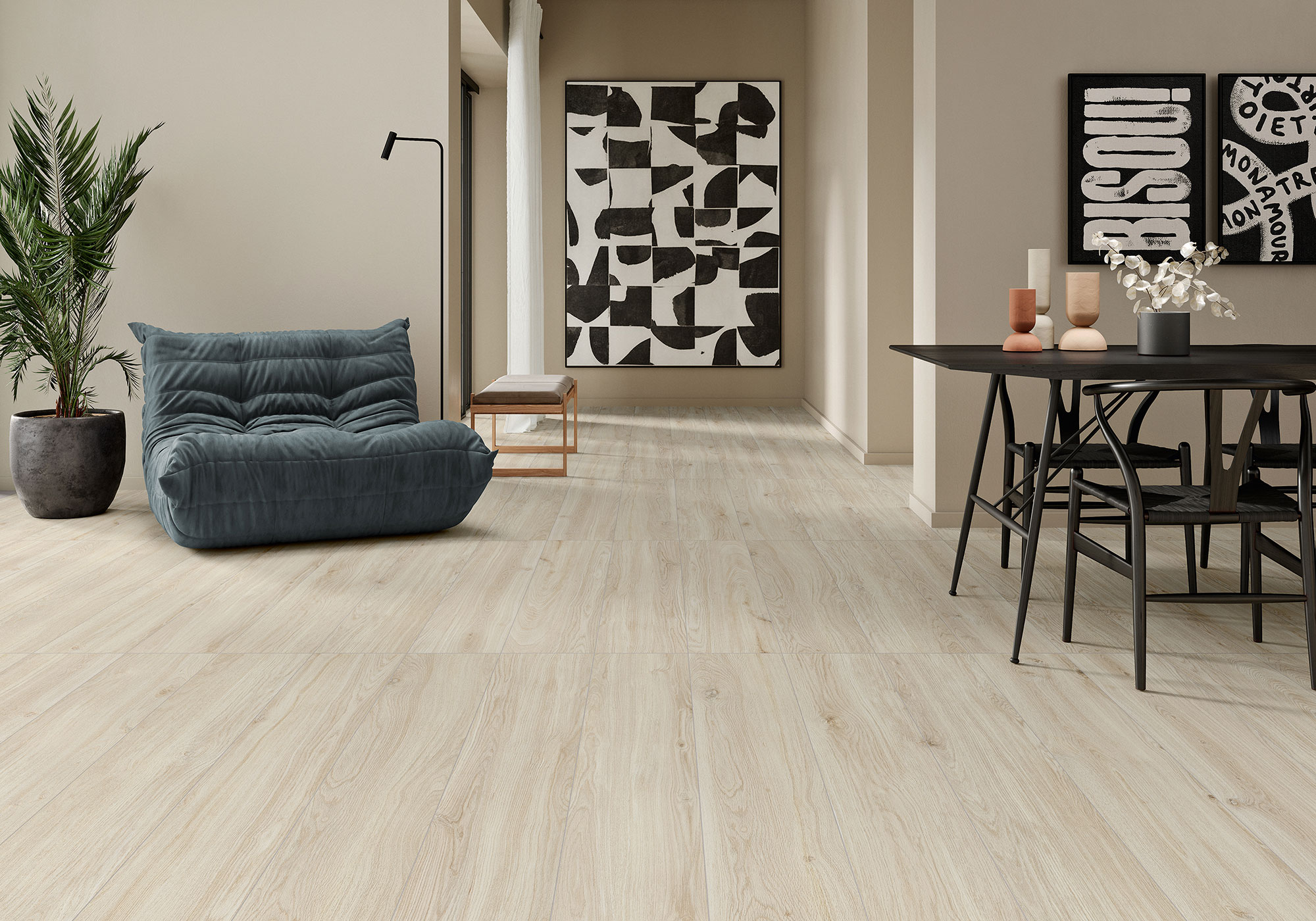 AMB-QUEBEC-NATURAL-23X120 Tienda con pavimento cerámico efecto madera claro y decoración contemporánea