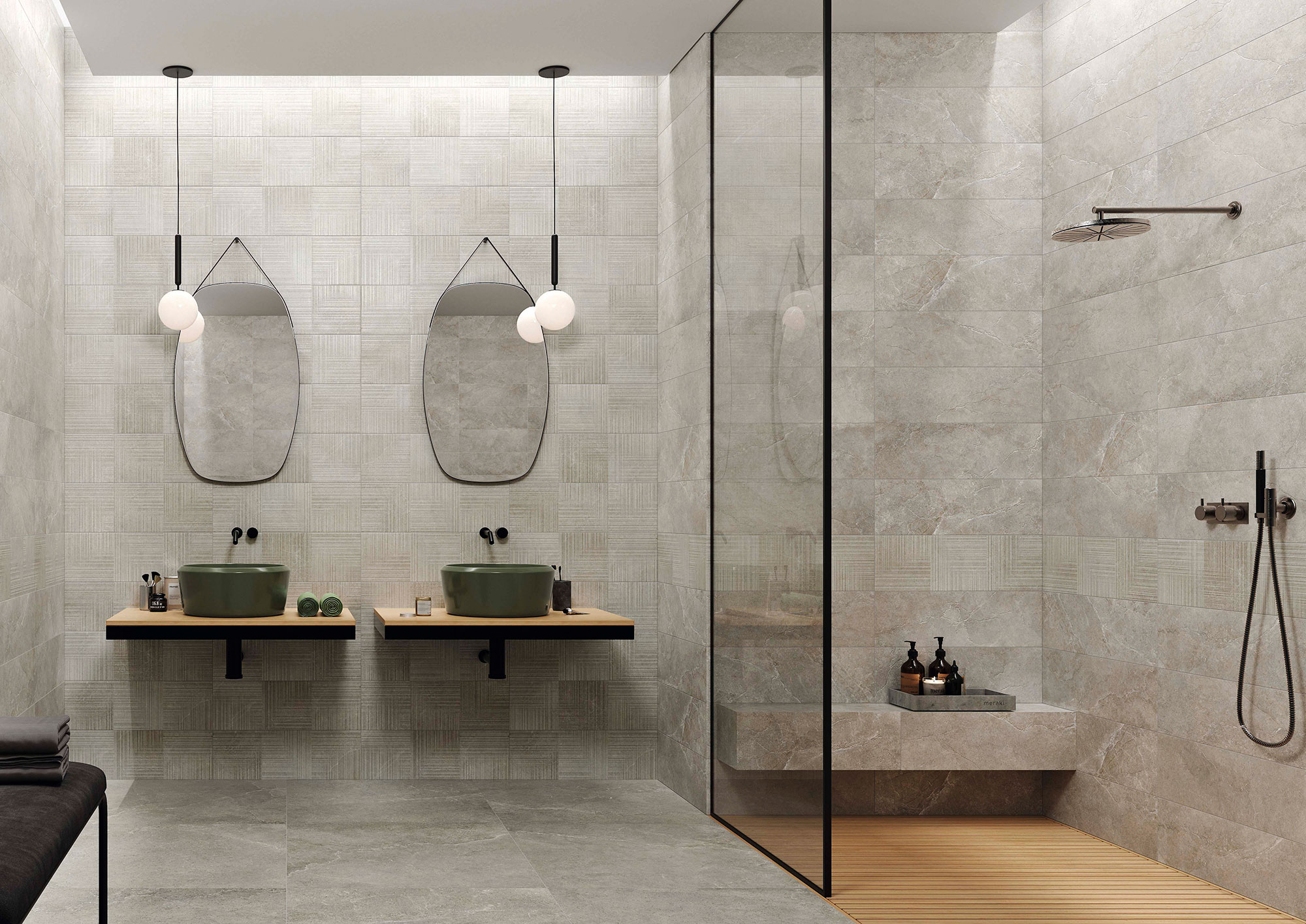 Exposición baño: azulejos grises, doble lavabo sobre encimera y mampara de ducha