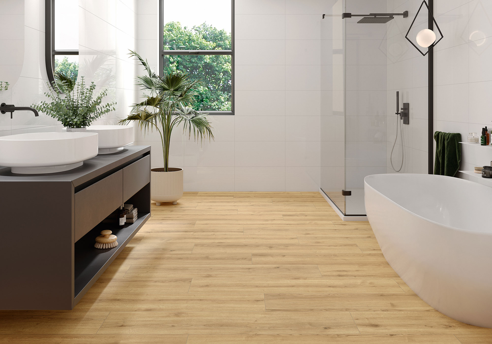Baño moderno con suelo cerámico efecto madera, bañera exenta, lavabo doble y ducha
