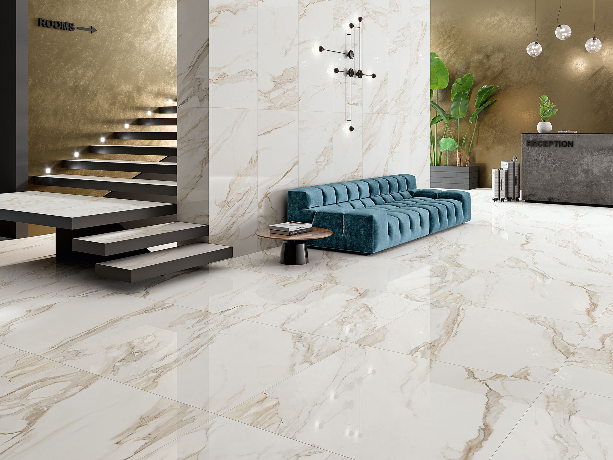 Showroom con suelos y revestimientos cerámicos efecto mármol, sofá turquesa y escalera flotante